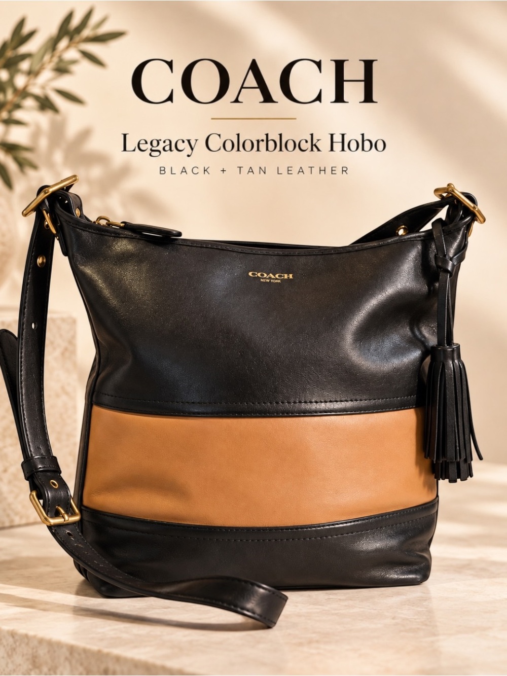 Coach Legacy Leather Colorblock Hobo Crossbody Bag Black Tan Tassel